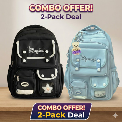 School bag (Black+sky blue) 2 pcs combo