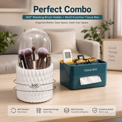 Multi-function tissue box + makeup brush organizer